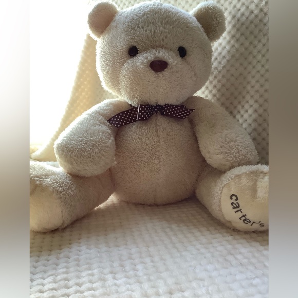 Carters Large 15 inch Sitting Plush Bear Stuffed Animal Toy Brown Polka Dot Bow - Picture 11 of 16